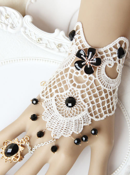 White Lace Black Bead Pendant Lolita Wrist Strap And Ring Set