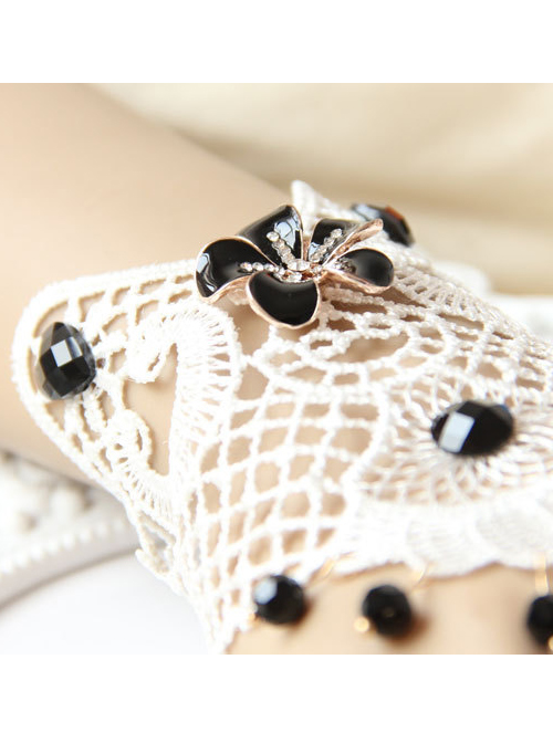 White Lace Black Bead Pendant Lolita Wrist Strap And Ring Set