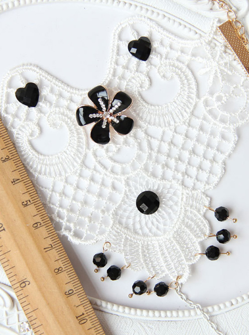 White Lace Black Bead Pendant Lolita Wrist Strap And Ring Set