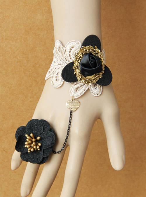 Gothic Black Flowers Lolita Wrist Strap And Ring Set