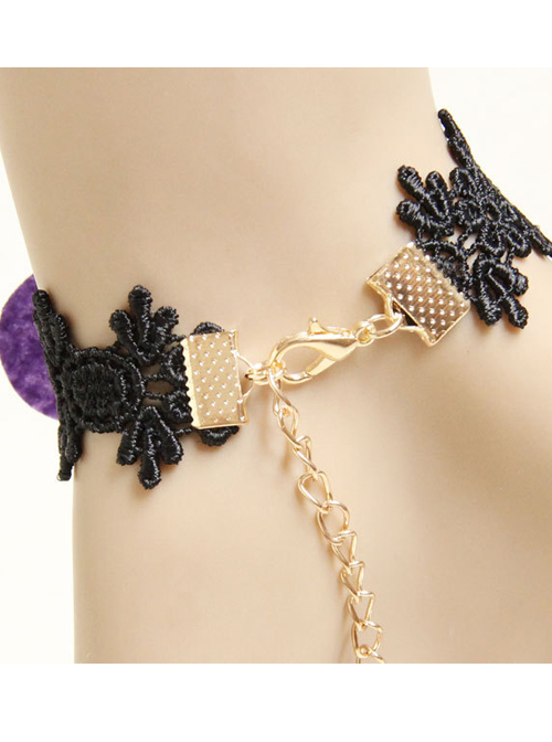 Black Lace Purple Decorate Lolita Wrist Strap And Ring Set