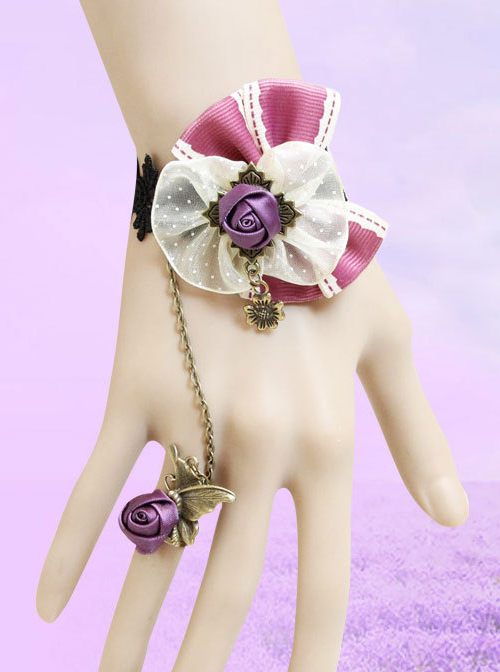 Purple Bowknot And Rose Lolita Wrist Strap And Ring Set