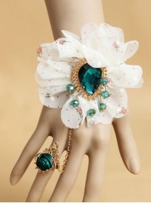 White Lace Chiffon Flowers Lolita Wrist Straps And Ring Set