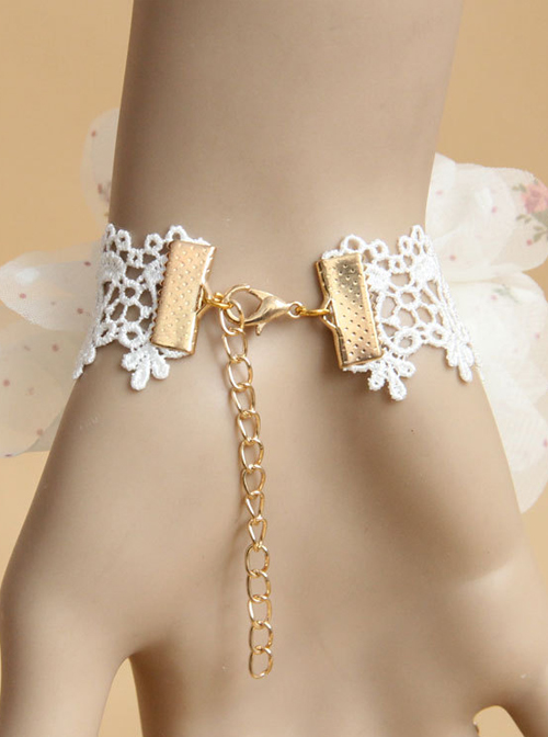 White Lace Chiffon Flowers Lolita Wrist Straps And Ring Set