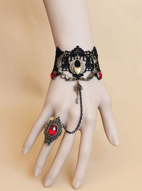 Vintage Black Lace Alloy Heart Shape Lolita Bracelet And Ring