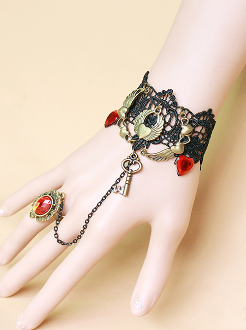 Vintage Black Lace Alloy Heart Shape Lolita Bracelet And Ring