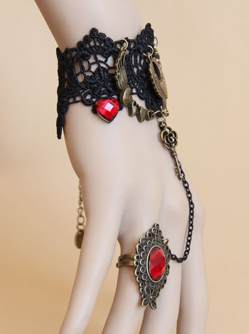 Vintage Black Lace Alloy Heart Shape Lolita Bracelet And Ring