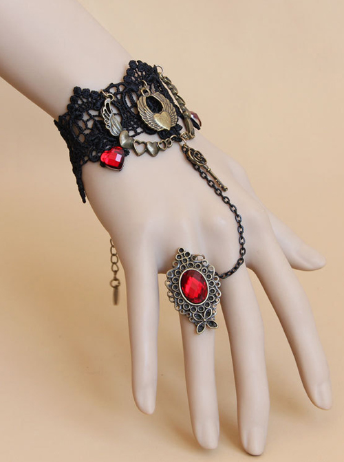 Vintage Black Lace Alloy Heart Shape Lolita Bracelet And Ring