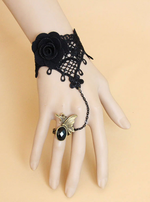 Gothic Black Lace Lady Lolita Wrist Strap And Ring