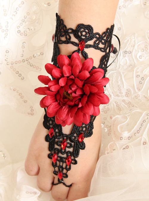 Black Lace Red Flower Girls Lolita Wrist Strap