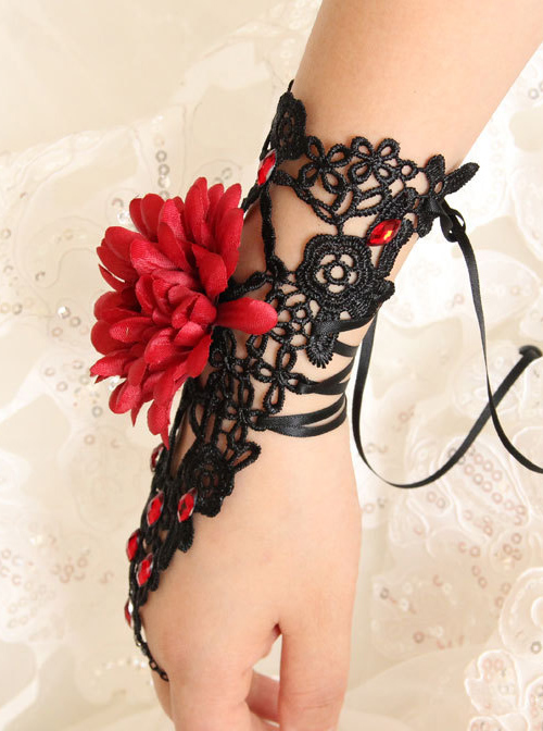 Black Lace Red Flower Girls Lolita Wrist Strap