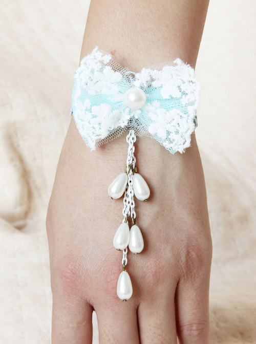 Cute Blue Bowknot Pearls Pendant Girls Lolita Wrist Strap