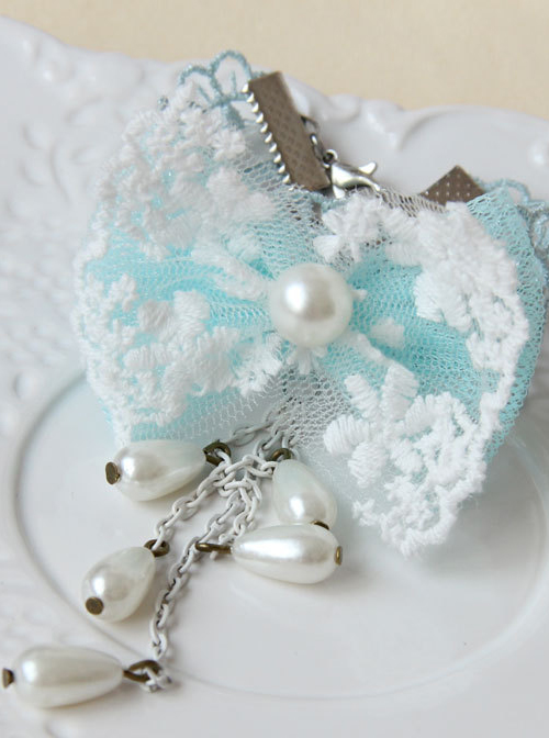 Cute Blue Bowknot Pearls Pendant Girls Lolita Wrist Strap