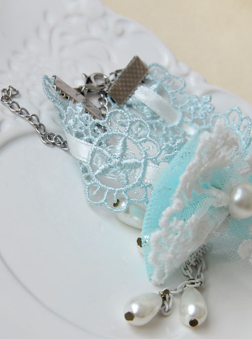 Cute Blue Bowknot Pearls Pendant Girls Lolita Wrist Strap