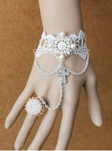 Palace Style Crucifix Pendant White Lace Lolita Wrist Strap And Ring Set