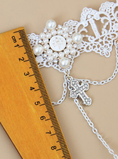 Palace Style Crucifix Pendant White Lace Lolita Wrist Strap And Ring Set