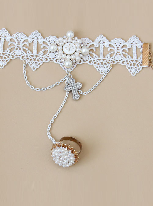 Palace Style Crucifix Pendant White Lace Lolita Wrist Strap And Ring Set