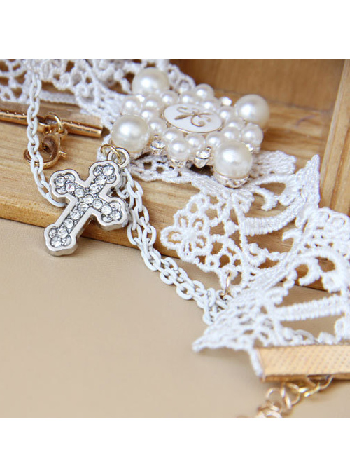 Palace Style Crucifix Pendant White Lace Lolita Wrist Strap And Ring Set