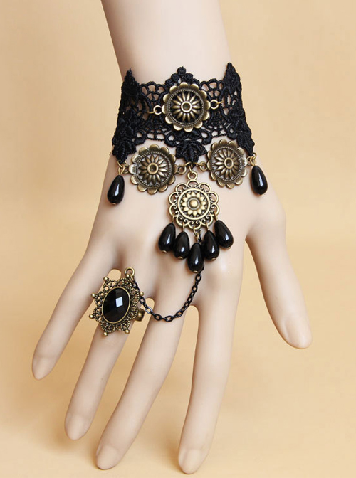 Vintage Black Lace Palace Dance Party Lolita Bracelet And Ring Set