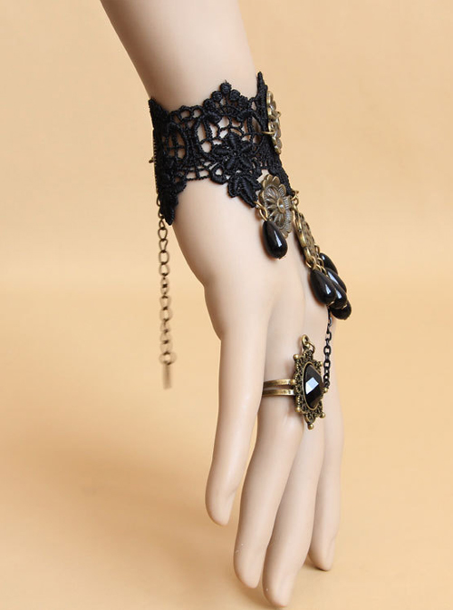 Vintage Black Lace Palace Dance Party Lolita Bracelet And Ring Set