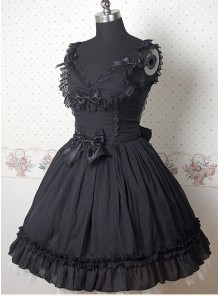 Black Sleeveless V-neck Frills Bow Lolita Dress