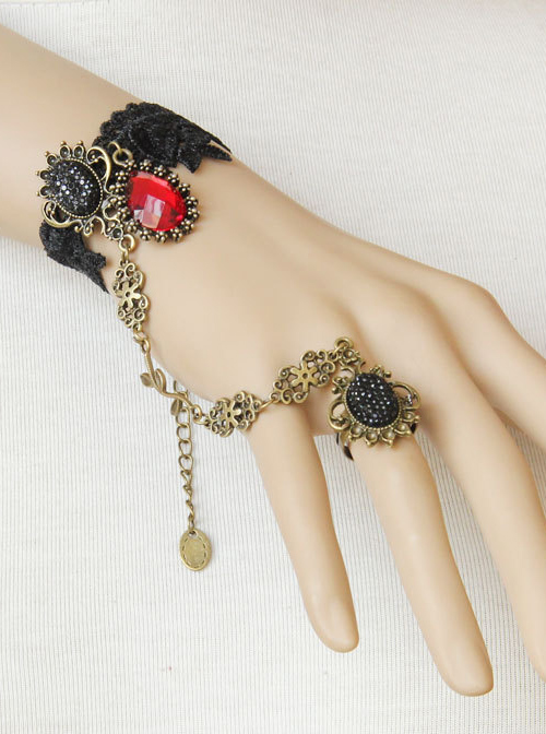 Black Lace Palace Style Gothic Lolita Wrist Strap And Ring Set