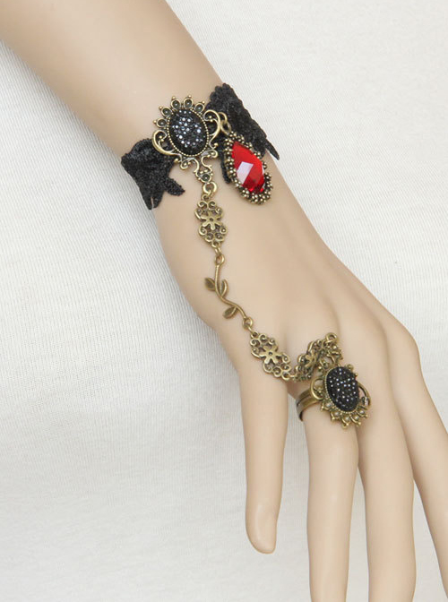 Black Lace Palace Style Gothic Lolita Wrist Strap And Ring Set