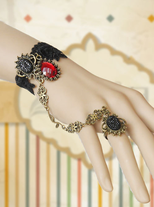 Black Lace Palace Style Gothic Lolita Wrist Strap And Ring Set