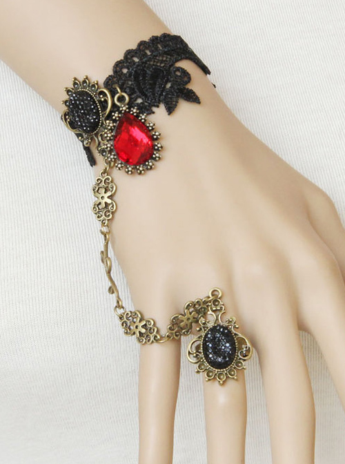 Black Lace Palace Style Gothic Lolita Wrist Strap And Ring Set