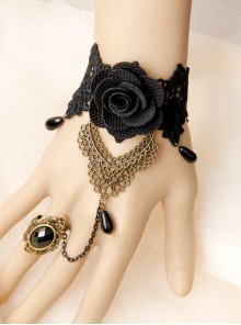 Baroque Court Style Black Flower Pearl Lace Lolita Bracelet And Ring Set