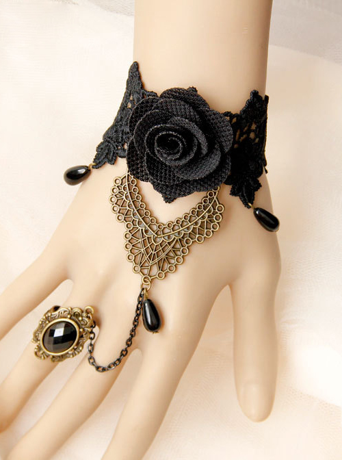 Baroque Court Style Black Flower Pearl Lace Lolita Bracelet And Ring Set