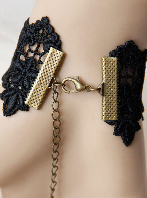 Baroque Court Style Black Flower Pearl Lace Lolita Bracelet And Ring Set