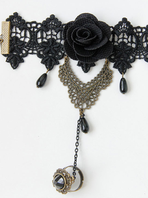 Baroque Court Style Black Flower Pearl Lace Lolita Bracelet And Ring Set