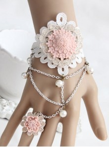 Pink Resin Flower White Lace Lolita Bracelet And Ring Set