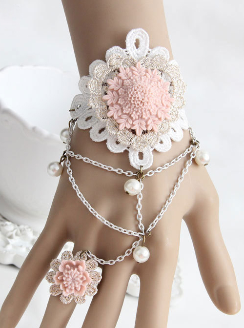 Pink Resin Flower White Lace Lolita Bracelet And Ring Set