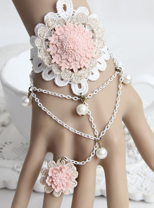 Pink Resin Flower White Lace Lolita Bracelet And Ring Set