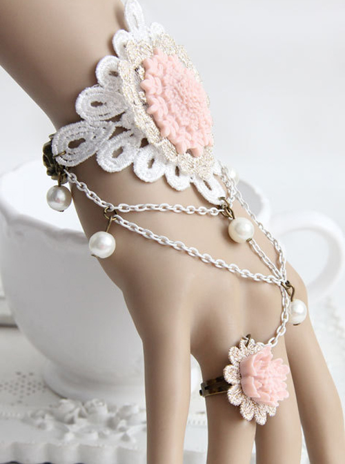 Pink Resin Flower White Lace Lolita Bracelet And Ring Set