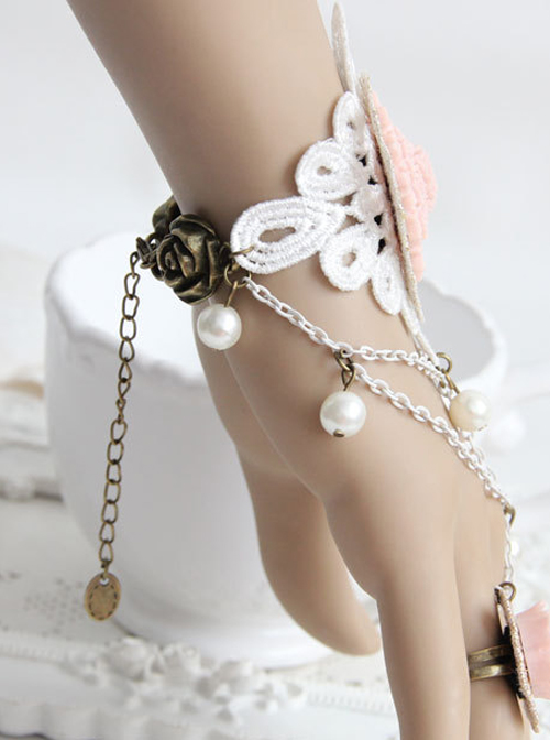 Pink Resin Flower White Lace Lolita Bracelet And Ring Set