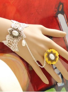 Vintage Lace Pearl Flower Girls Lolita Wrist Strap And Ring Set