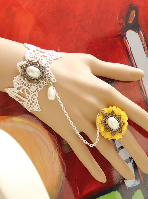 Vintage Lace Pearl Flower Girls Lolita Wrist Strap And Ring Set