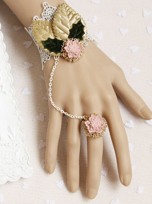 Cute Pink Resin Flower White Lace Girls Lolita Wrist Strap And Ring Suit