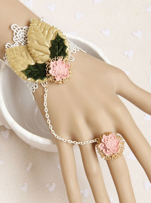 Cute Pink Resin Flower White Lace Girls Lolita Wrist Strap And Ring Suit