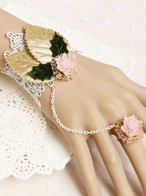 Cute Pink Resin Flower White Lace Girls Lolita Wrist Strap And Ring Suit