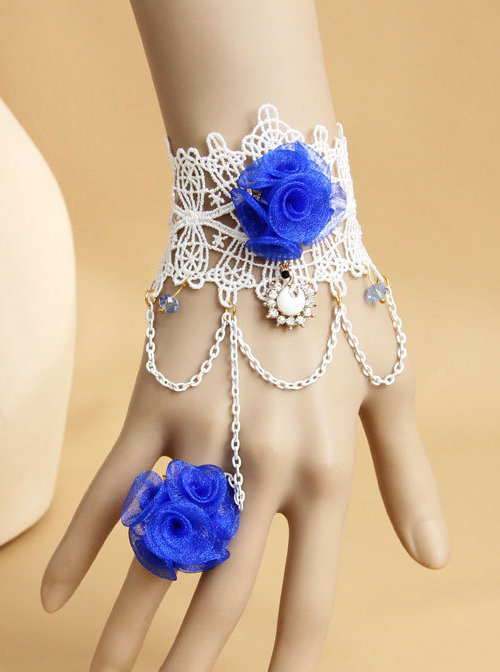 Concise White Lace Blue Flower Lolita Wrist Strap With Finger Ring