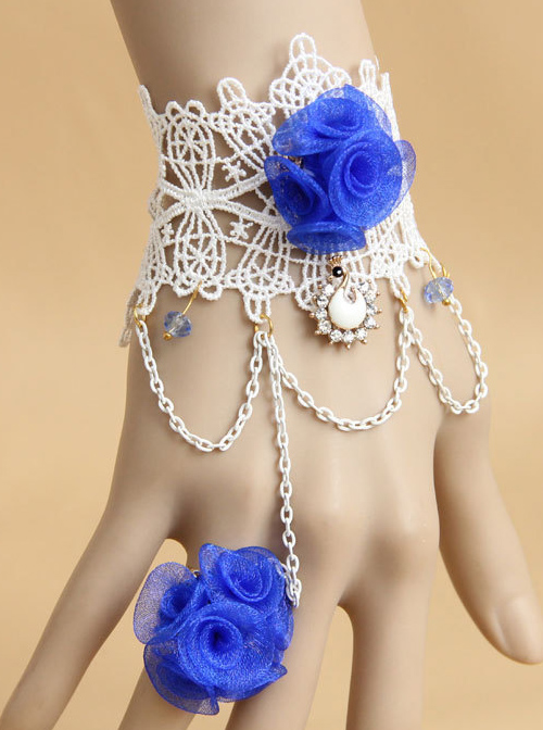 Concise White Lace Blue Flower Lolita Wrist Strap With Finger Ring