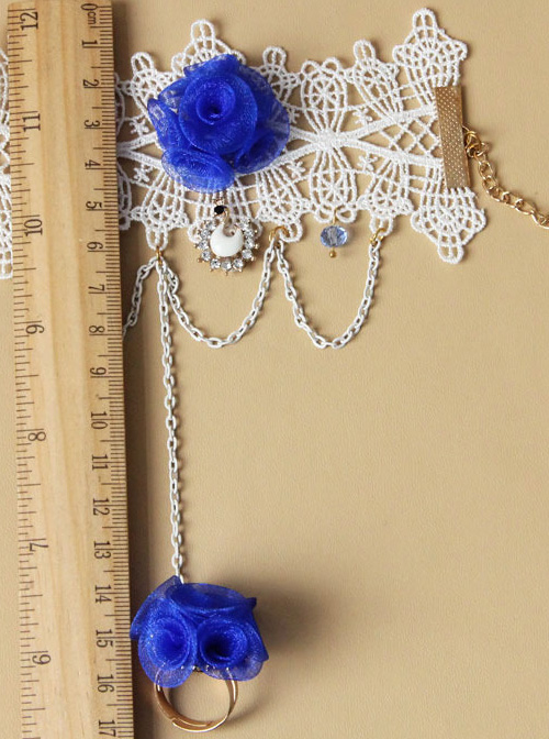 Concise White Lace Blue Flower Lolita Wrist Strap With Finger Ring