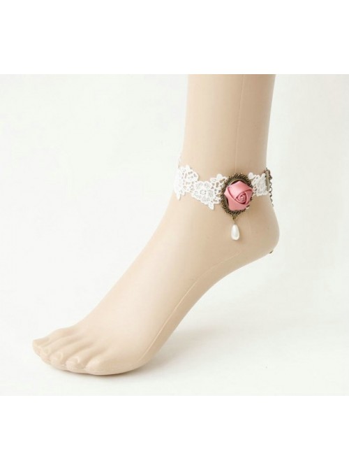 Cute White Floral Handmade Lolita Ankle Belt