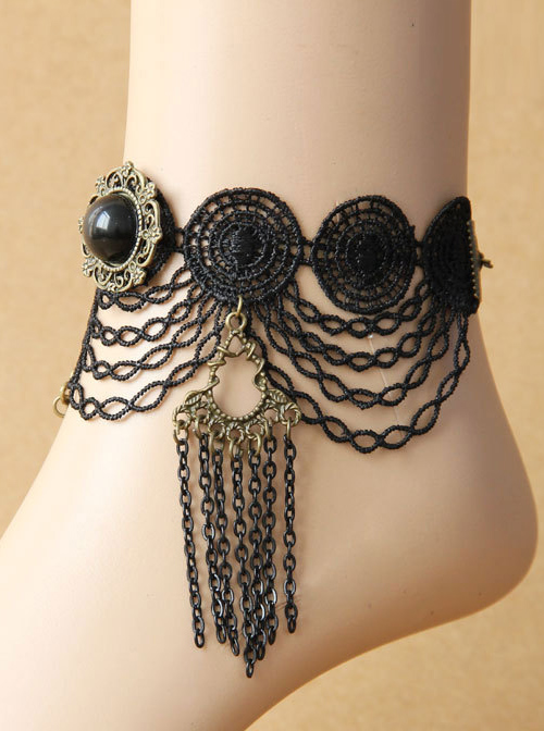 Gothic Black Lace Chain Tassel Girls Lolita Ankle Belt