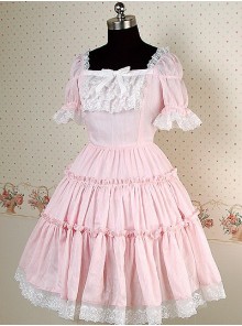 Pink and white Short Puff Sleeves Square Collar Bow Lolita Dress