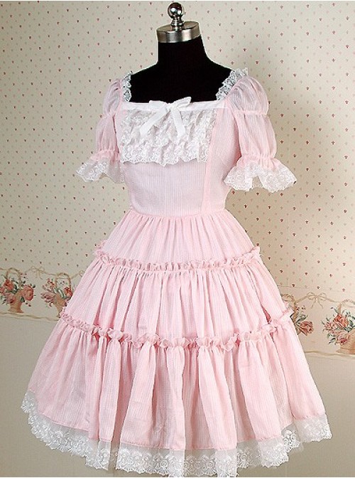 Pink and white Short Puff Sleeves Square Collar Bow Lolita Dress